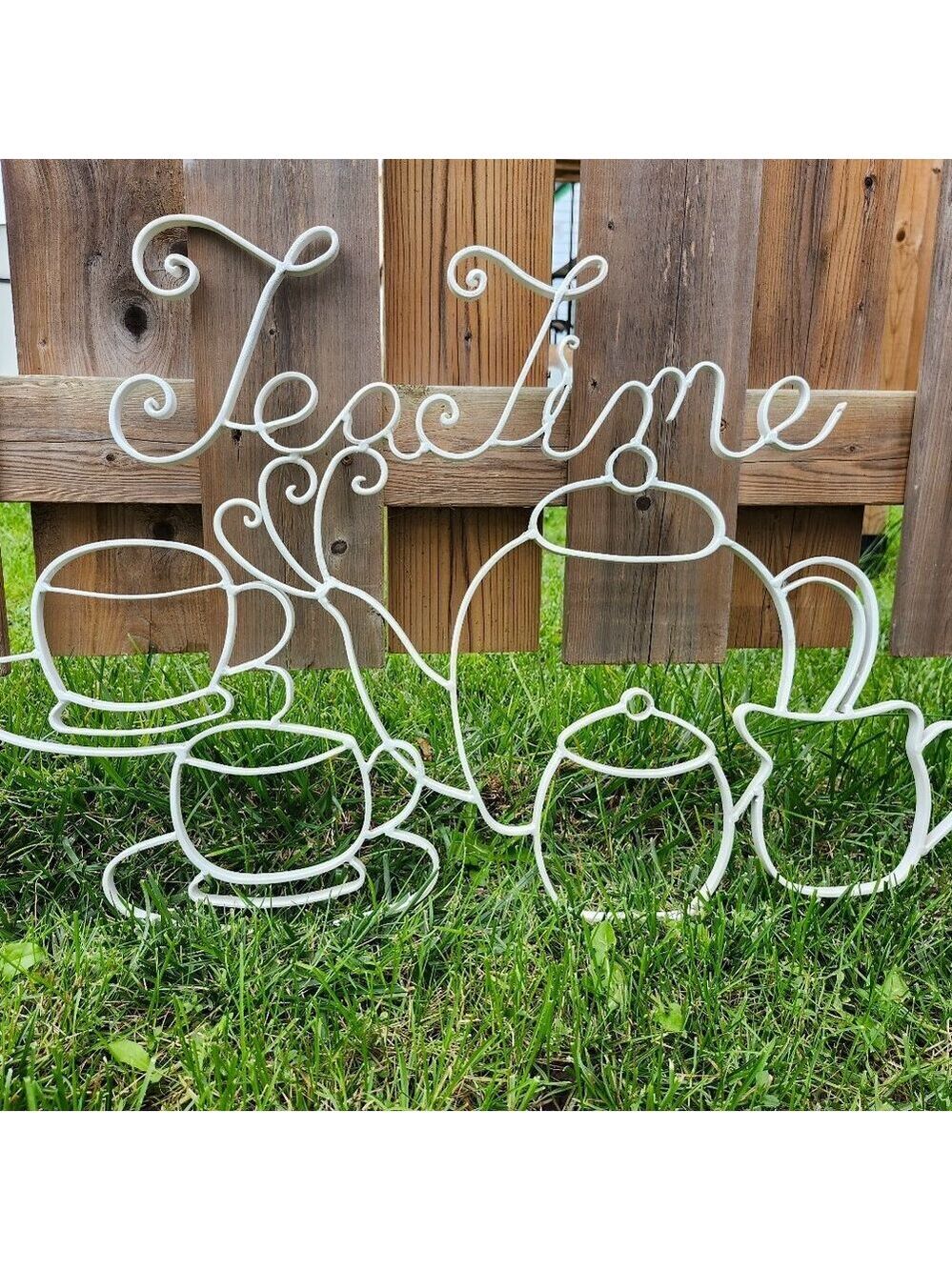 VINTAGE WROUGHT IRON "Tea Time" Sign Large White Paint Tea Party Whimsical